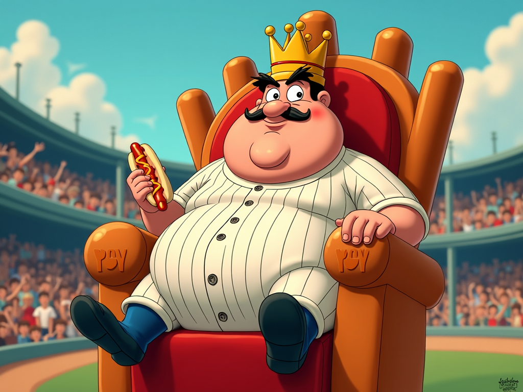 A caricature of Babe Ruth as the 'Sultan of Swat' seated on a throne constructed from giant hot dogs and baseball bats, wearing a slightly askew crown. He's holding a half-eaten hot dog grandly, looking bemused.
