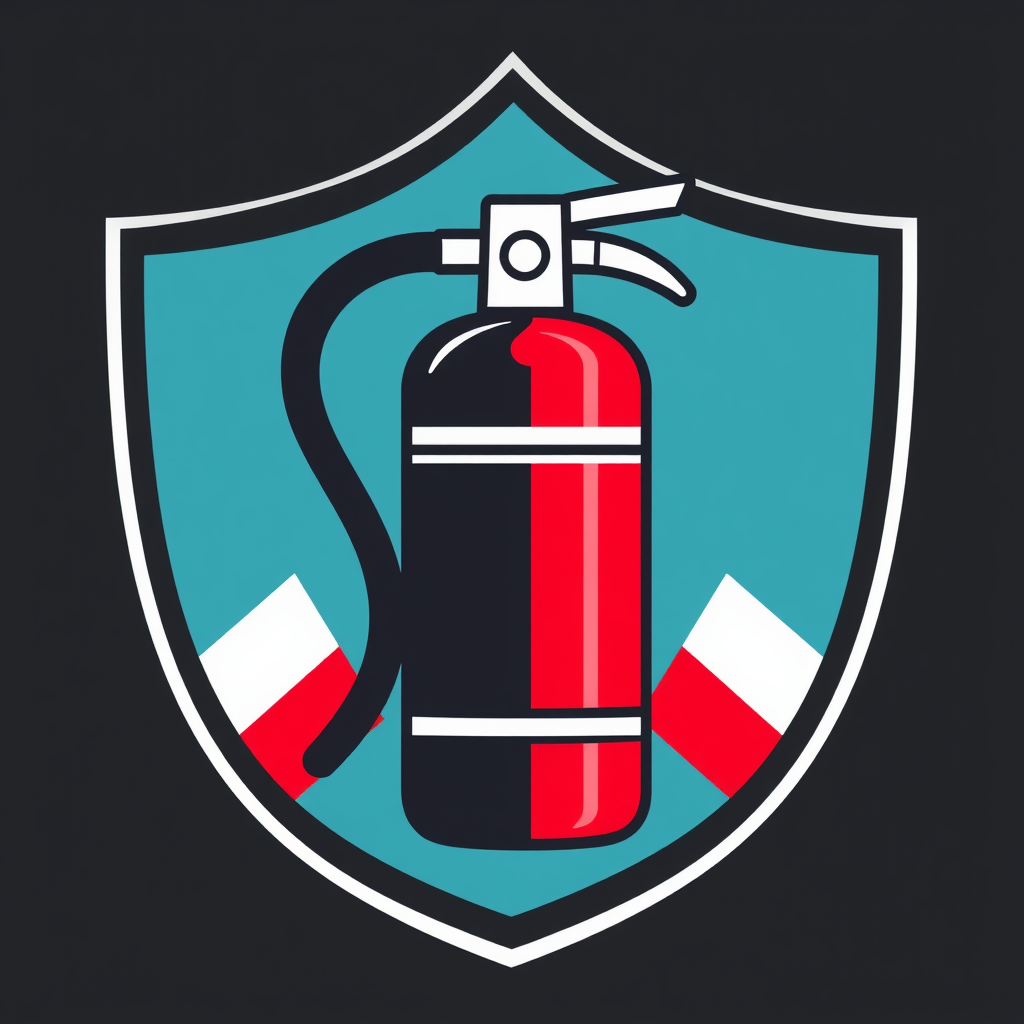 A stylized fire extinguisher icon combined with a shield, symbolizing protection and readiness for rescue.