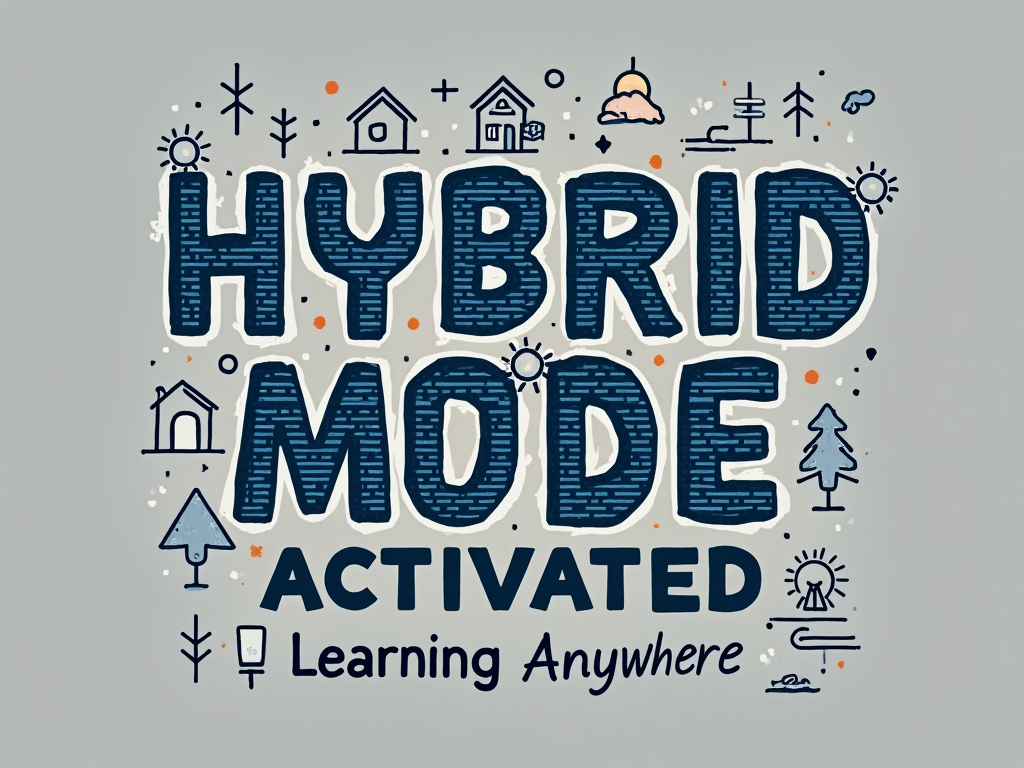 A typographic design where 'Hybrid Mode' is written in a bold, perhaps pixelated or glitch-effect font, with 'Activated' underneath in a cleaner font. Small icons representing locations (home, school, park) could be subtly integrated around the text 'Learning Anywhere'.