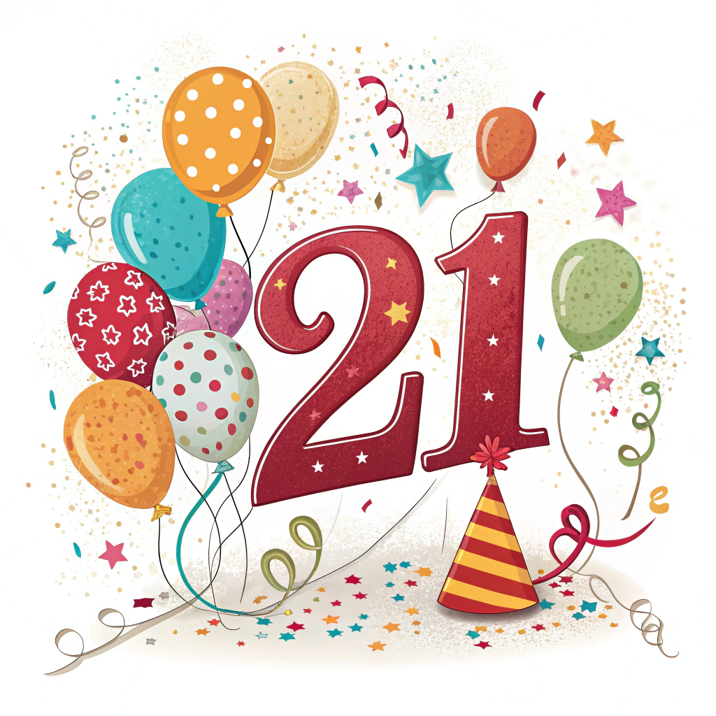 A sticker featuring a large number representing the age, decorated with birthday-themed elements like balloons or confetti.