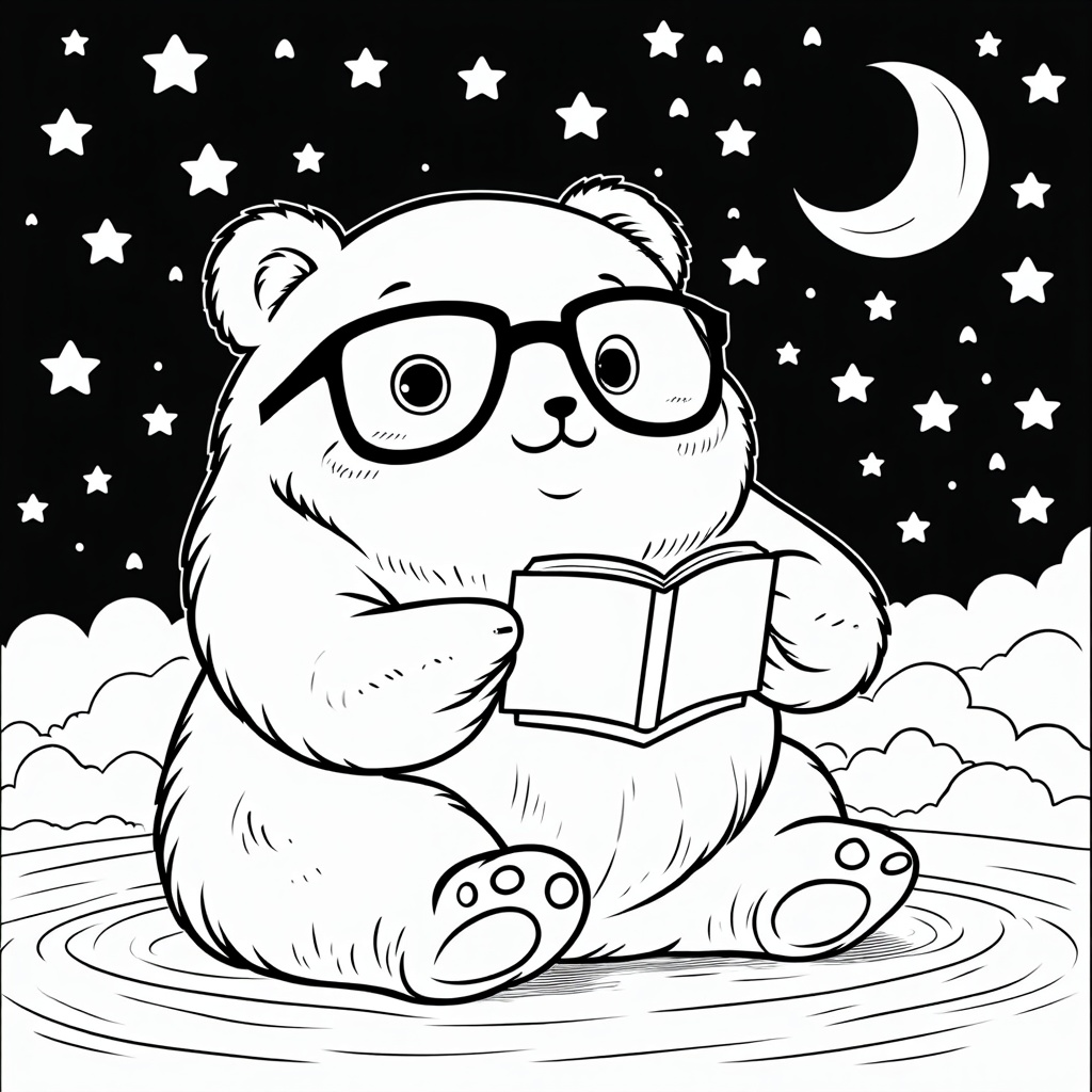 A rereading bear under a night sky full of twinkling stars and a crescent moon.