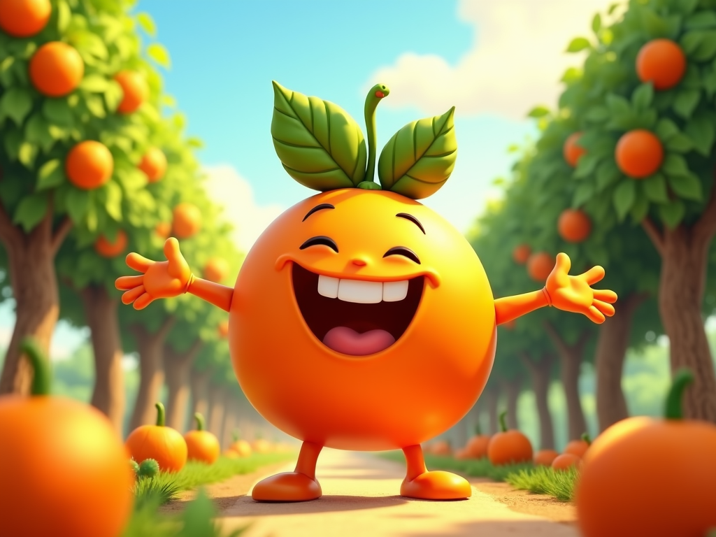  a cartoon orange character standing in an orange grove. The character has a big smile on its face and two green leaves on its head. It has two arms and two legs, and its hands are stretched out in front of it. The background shows rows of orange trees with ripe oranges hanging from their branches. The sky is blue and there are a few clouds in the distance. The overall mood of the image is cheerful and playful.