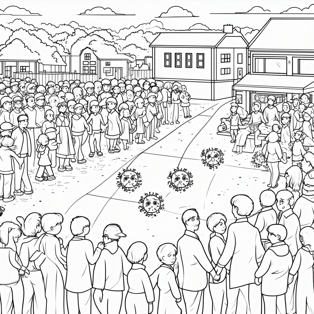 A coloring page focused on the 'Community Strong' aspect, featuring different community settings (school, playground, market) bustling with healthy, interacting people. Small, subtle icons of vaccination (e.g., a tiny band-aid on an arm, a shield symbol) can be incorporated. The measles virus could be depicted as small, defeated characters being swept away or blocked by an invisible barrier around the community.