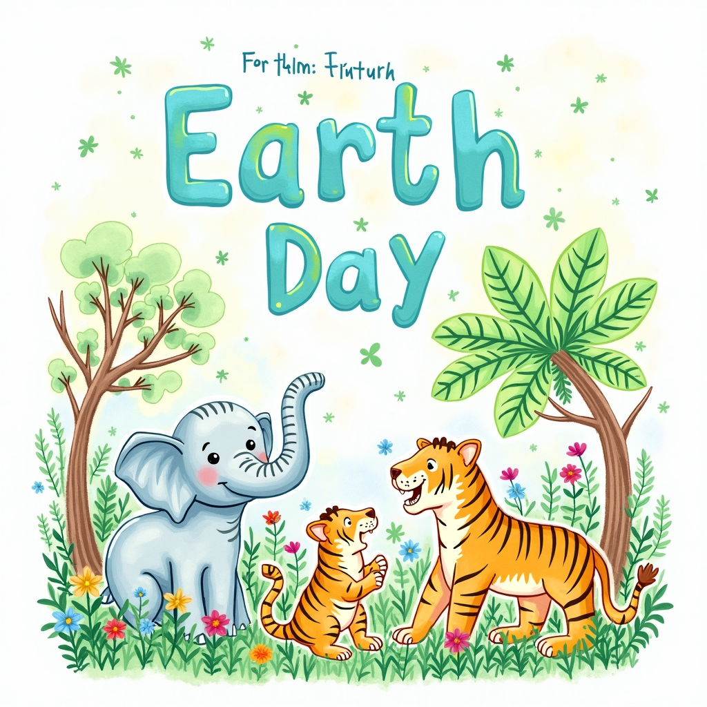 Hopeful Futures - Kids' Art Style: A design that adopts a child-like drawing style, depicting endangered animals thriving in protected, vibrant environments. Use bright, optimistic colors. Text like 'Earth Day: For Them, For Our Future.' This is suitable for a wider audience including children.
