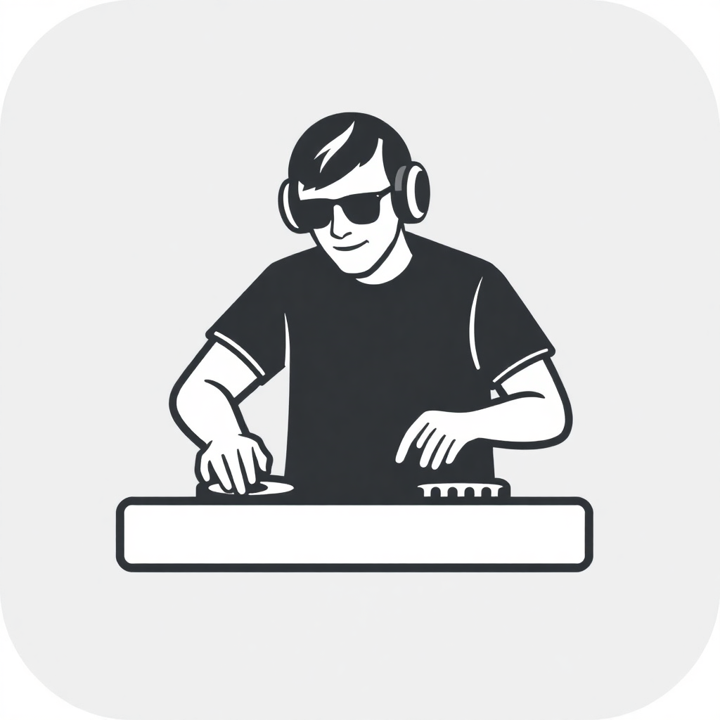 The image is a black and white illustration of a DJ playing music on a turntable. The DJ is wearing a t-shirt, sunglasses, and headphones. He has a smile on his face and his hands are on the turntables. The background is plain white. The image is in a square shape with a black border.