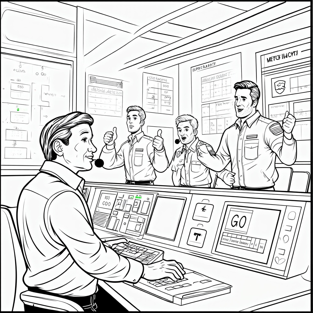 The scene during the 'Go/No-Go' poll. A lead flight director is shown at their console, perhaps speaking into a microphone or looking at a board showing all systems as 'GO' (green lights). Other controllers in the background are attentive, some giving a thumbs-up.