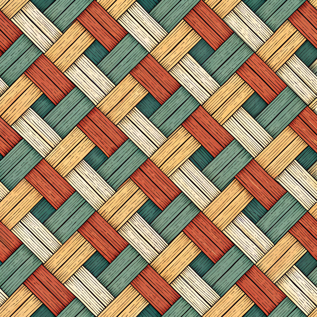 Circular Code - Generative Weaves: Algorithmically generated textile-like patterns where 'threads' are represented as strips of recycled materials (e.g., plastic, fabric), creating intricate woven designs from a palette of upcycled textures and colors.