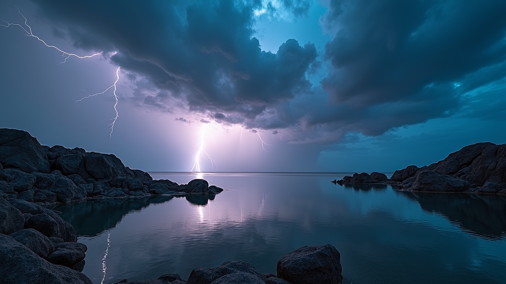 A breathtaking thunderstorm wallpaper set against a tranquil meditation landscape. Dark clouds exude energy and potential as lightning illuminates rocky outcrops and placid waters in the serene scene. This image balances the violence of the storm with meditative calmness, depicting the duality of nature's tranquil fury.