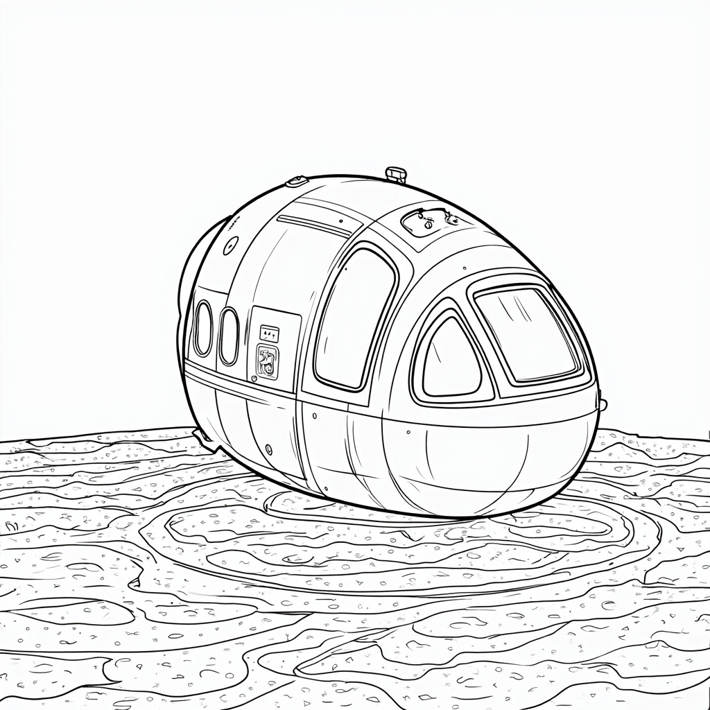 A detailed outline of the landed Starliner capsule, showcasing its distinct shape and features like windows or the hatch. The surrounding area can be filled with patterns representing the landing site, suitable for varied coloring.