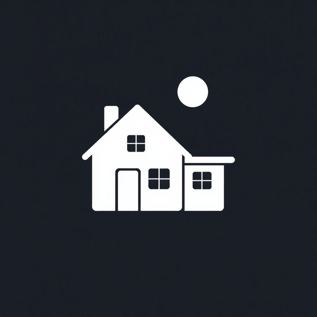 The image is a simple white icon of a house on a black background. The house is a two-story building with a sloping roof and a chimney on the left side. It has two windows on the front and a door on the right side. Above the house, there is a small white circle. The overall design is simple and minimalistic.