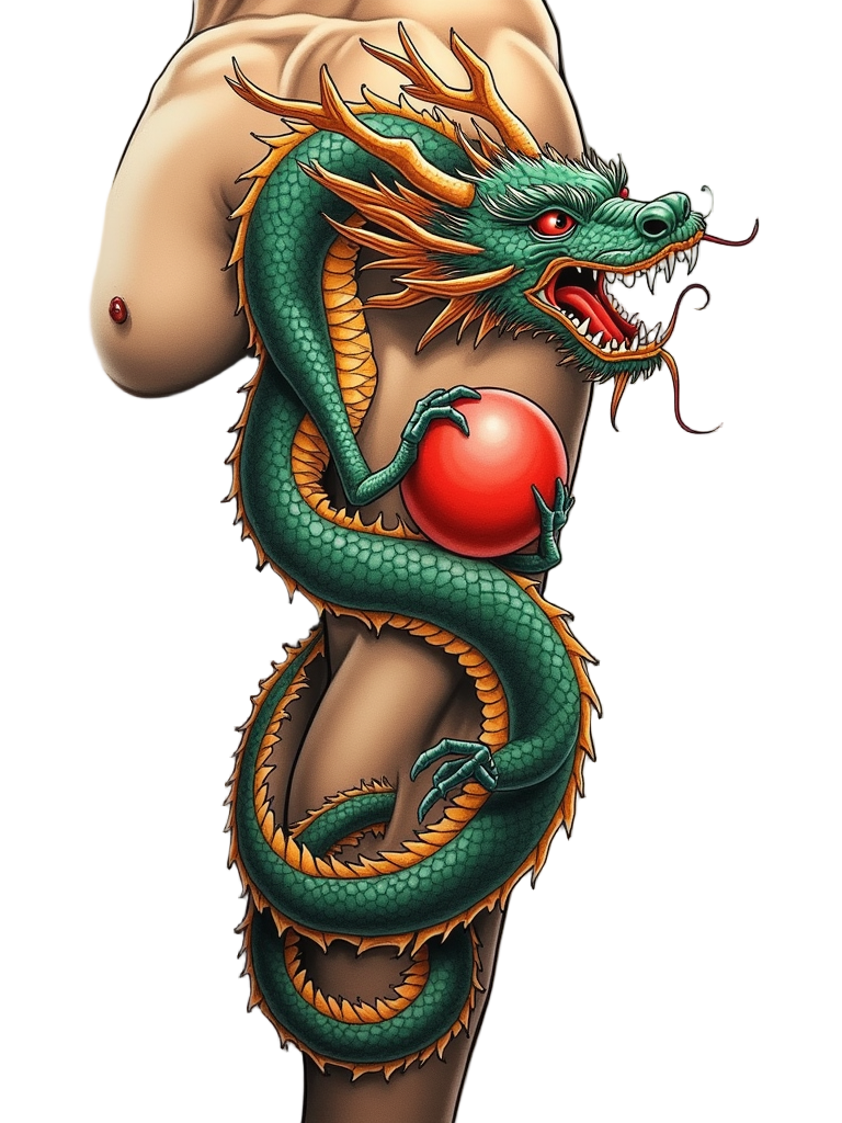 An intricately detailed Japanese dragon tattoo wraps around a muscular arm, its scales glistening with shades of emerald and gold, smoke billowing from its nostrils as it holds a bright red orb in its talons.