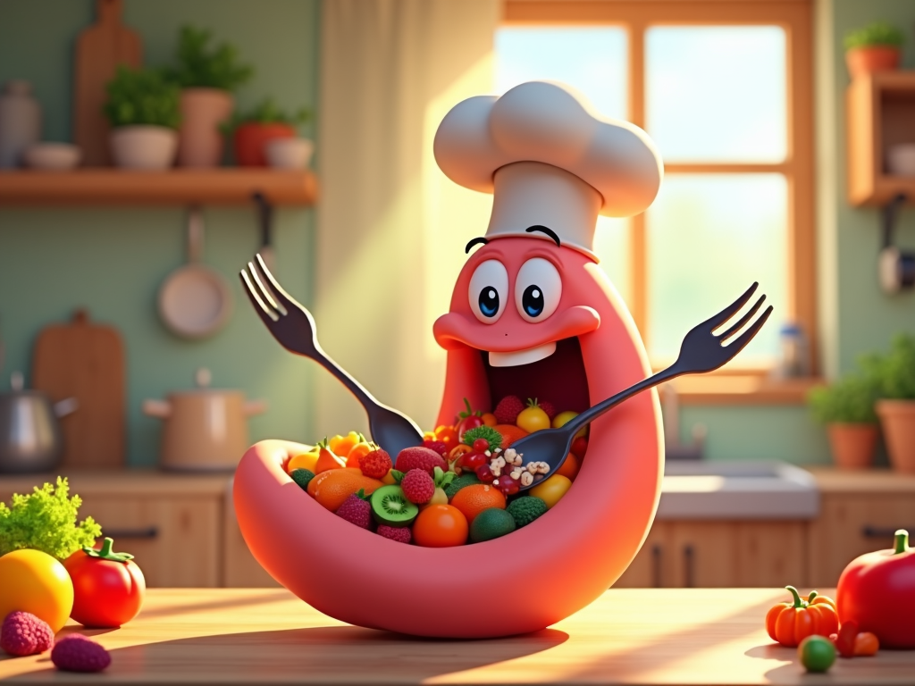 The image shows a cartoon character in a chef's hat sitting in a bowl of fruit and vegetables on a table. The bowl is filled with a variety of fruits and vegetables, including tomatoes, capsicum, and leafy greens. In the background, there is a kitchen platform with pots of plants, pans, and other items, as well as a window with a curtain. The image is animated, giving it a lively and vibrant feel.