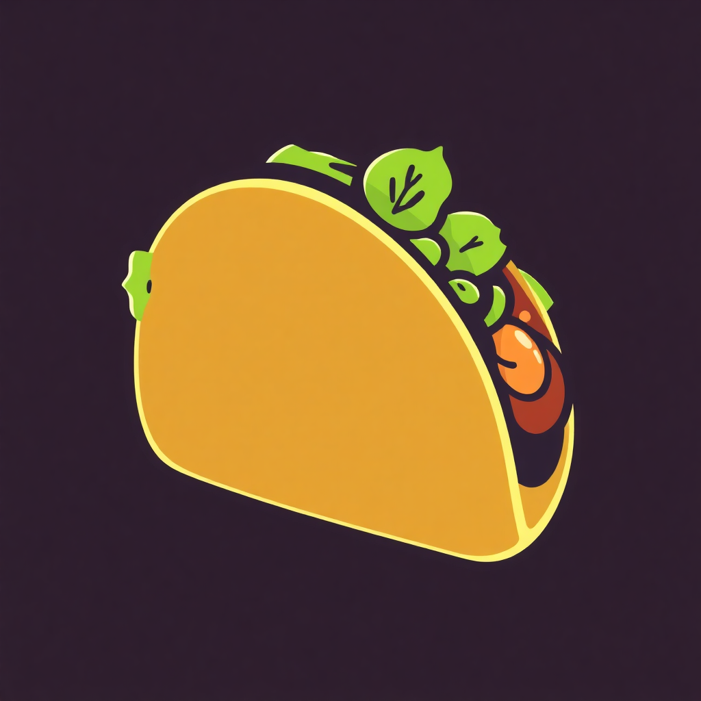 The image is a digital illustration of a taco. The taco is yellow in color and has a green leaf on top. It is filled with a variety of ingredients, including lettuce, tomatoes, and other vegetables. The background is black, making the taco stand out. The overall design is simple and cartoon-like.