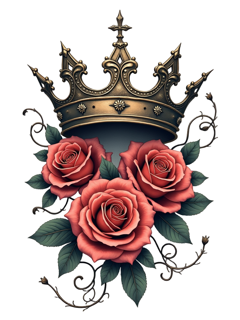 A forearm sleeve with a central focus on a large, shaded crown tattoo, flanked by roses and vines, merging royalty and nature themes.