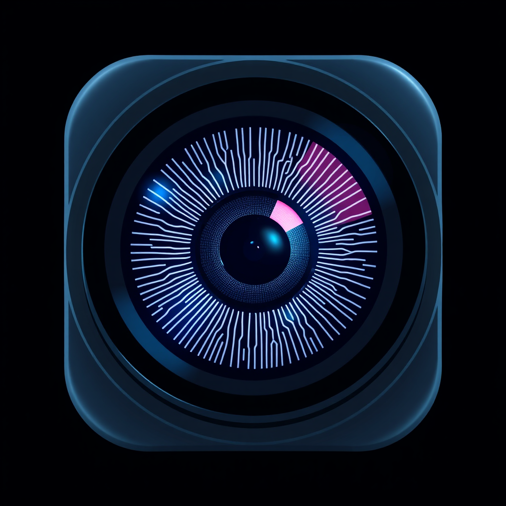 An icon representing an eye or a lens, with the iris detailed as a complex circuit board pattern and the pupil reflecting binary code, symbolizing monitoring, threat detection, and tech-inspired vigilance.