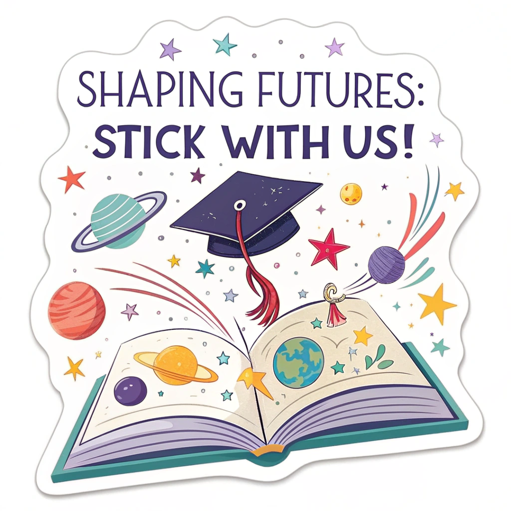 Sub-design 5 (Open Book, Bright Future): An open book with vibrant stars, planets, or inspiring symbols (like a graduate's cap or a growing plant) emerging from its pages, symbolizing the infinite possibilities unlocked by education. The slogan 'Shaping Futures: Stick With Us!' could arc gracefully above the book or be typeset on its open pages.