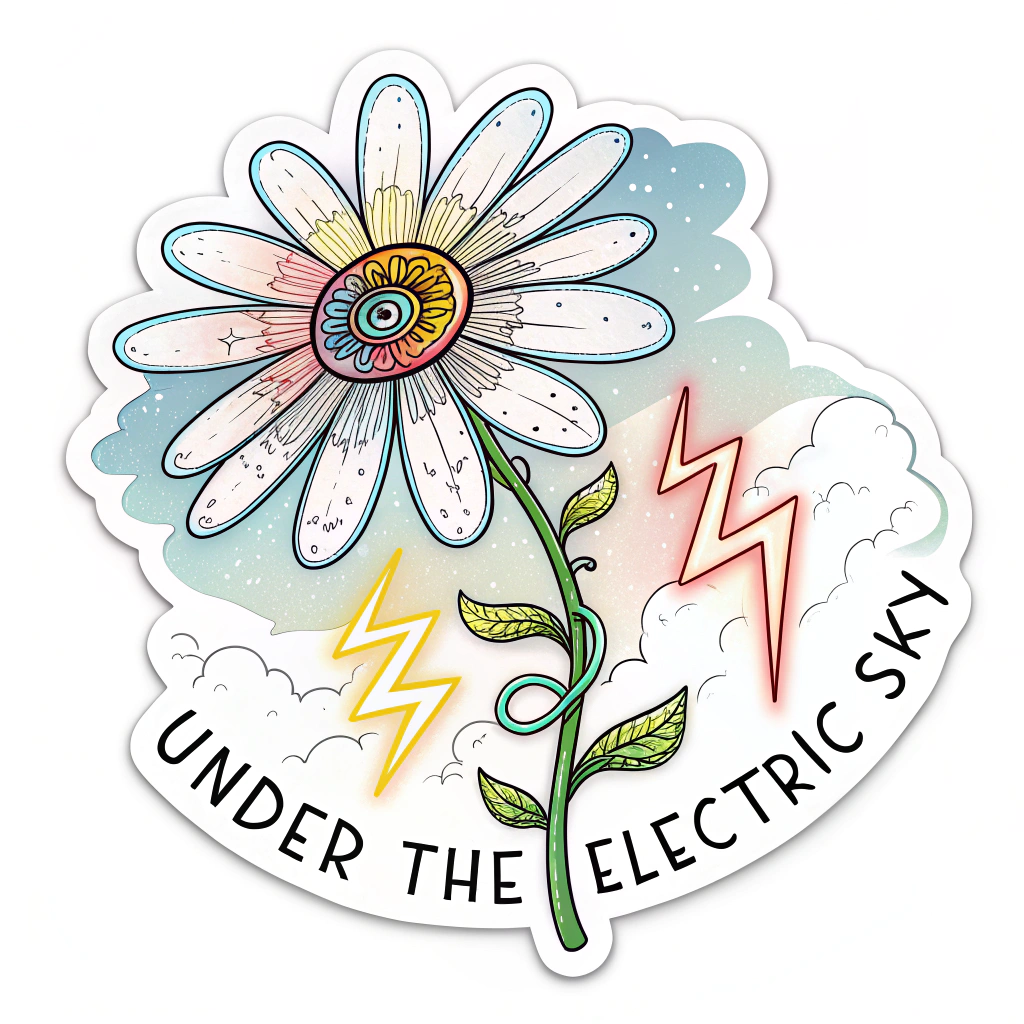 Electric Daisy Focus: A sticker featuring a central, bold graphic of a daisy with petals that transform into electric bolts or circuit patterns, glowing with neon colors. The quote 'Under the Electric Sky' is typeset in a clean, modern font either encircling the daisy or positioned prominently below it, on a dark, subtly textured background.