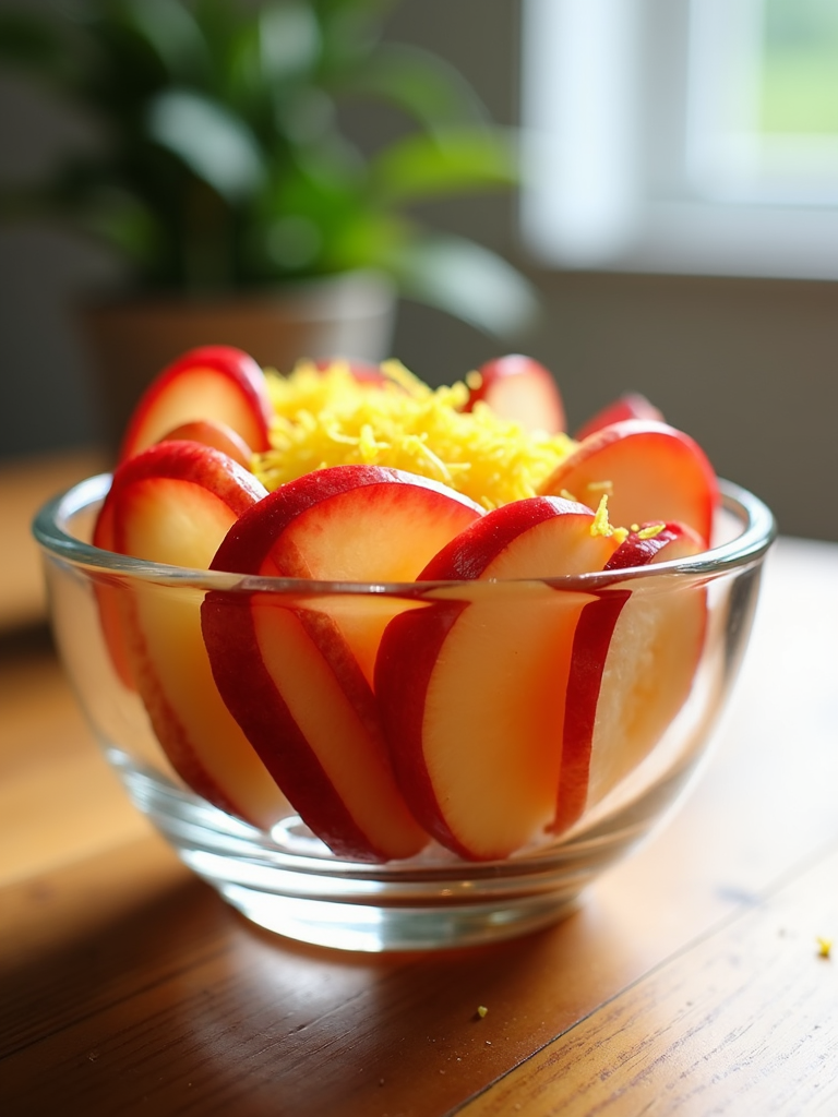 A clear glass bowl filled with layers of apple slices and lemon zest, creating a visually appealing and refreshing snack.