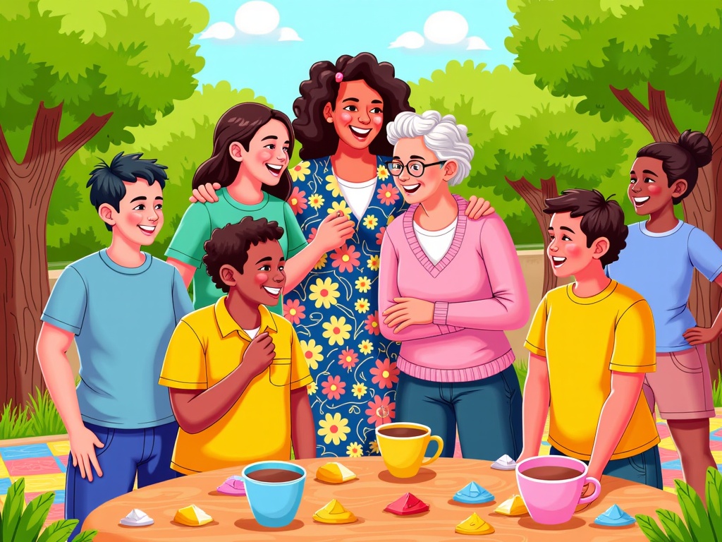  a group of seven children and an elderly woman standing around a table in a park. The table is covered with a colorful tablecloth and there are two cups of coffee on it. The children are smiling and appear to be enjoying each other's company. The woman is standing in the center of the table with her arms around the children. She is wearing a blue dress with a floral pattern and has curly hair. The other children are standing around her, also smiling and looking at the woman. The background shows trees and a blue sky with white clouds. The overall mood of the image is cheerful and happy.