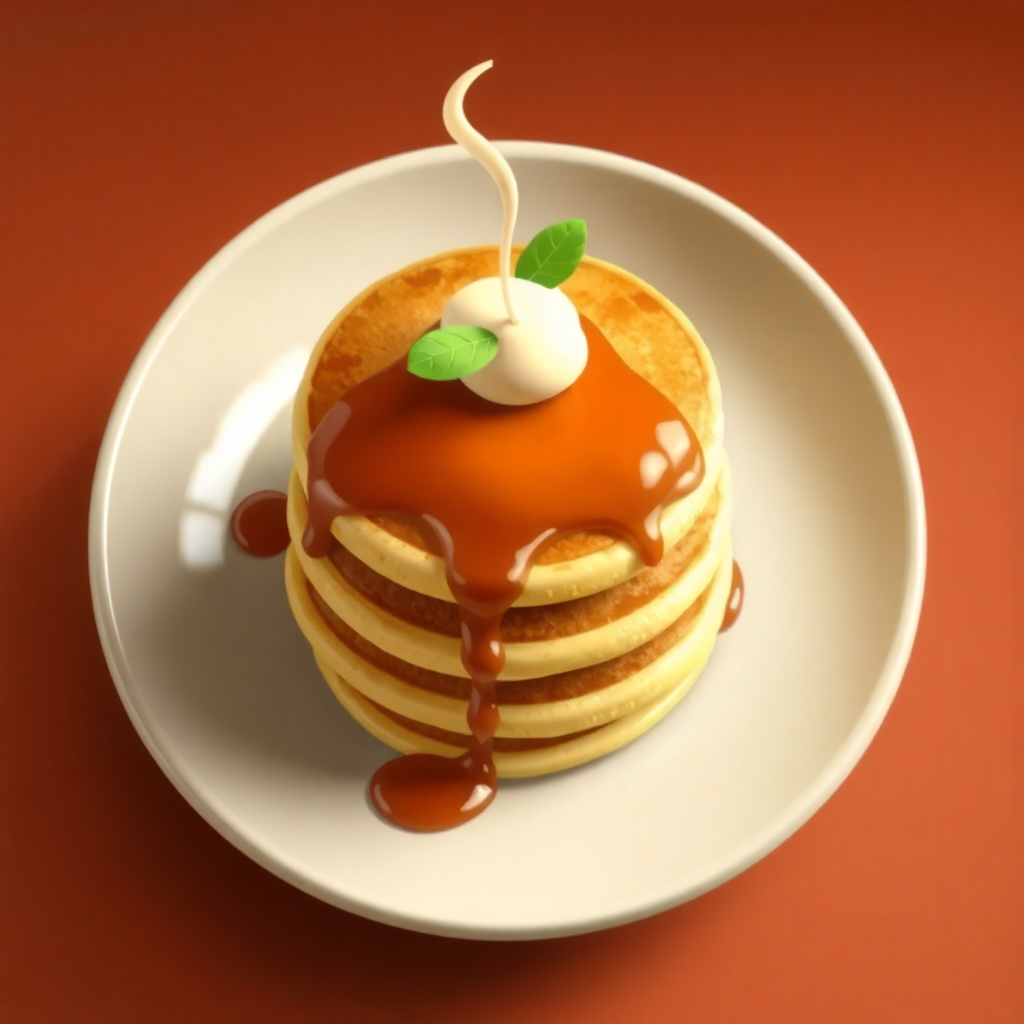  a stack of pancakes on a white plate. The pancakes are golden brown and appear to be freshly made. On top of the pancakes, there is a drizzle of caramel sauce and a small dollop of whipped cream with a green leaf on top. The plate is placed on an orange background. The overall presentation of the dish is elegant and appetizing.