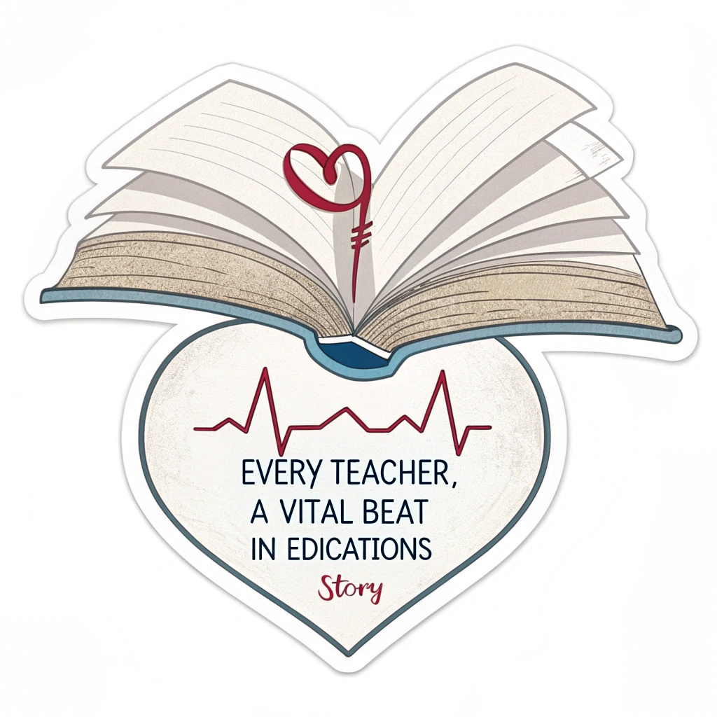 Open Book, Beating Heart Sticker: An open book with its pages subtly forming a heart shape in the center, or a visible EKG line across the pages. Text: 'Every Teacher, A Vital Beat in Education's Story'.