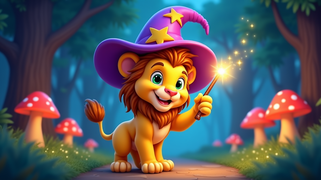 A cartoon lion wearing a wizard's hat and holding a magic wand.