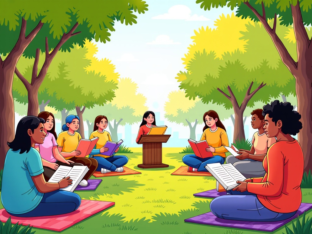 Illustration depicting a diverse group of people (various ages, ethnicities) gathered outdoors in a park setting, sitting on blankets and chairs, attentively listening to a person reading poetry from a small, simple podium. Gentle sunlight filters through trees.