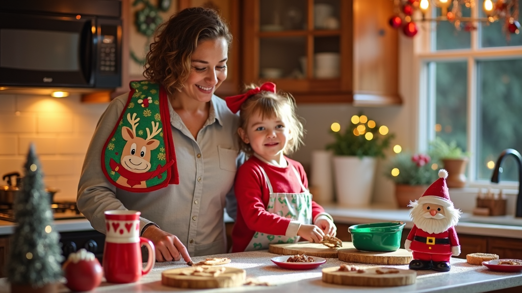 A cheerful Christmas kitchen displaying holiday-themed dishware, a decorative Santa cookie jar, and oven mitts featuring reindeer patterns, adding a whimsical touch to the holiday baking experience.