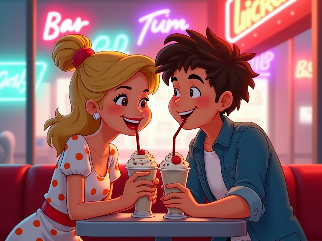 A cartoon couple sharing a milkshake at a retro diner, each with a straw and giggling over a shared joke, surrounded by neon signs.