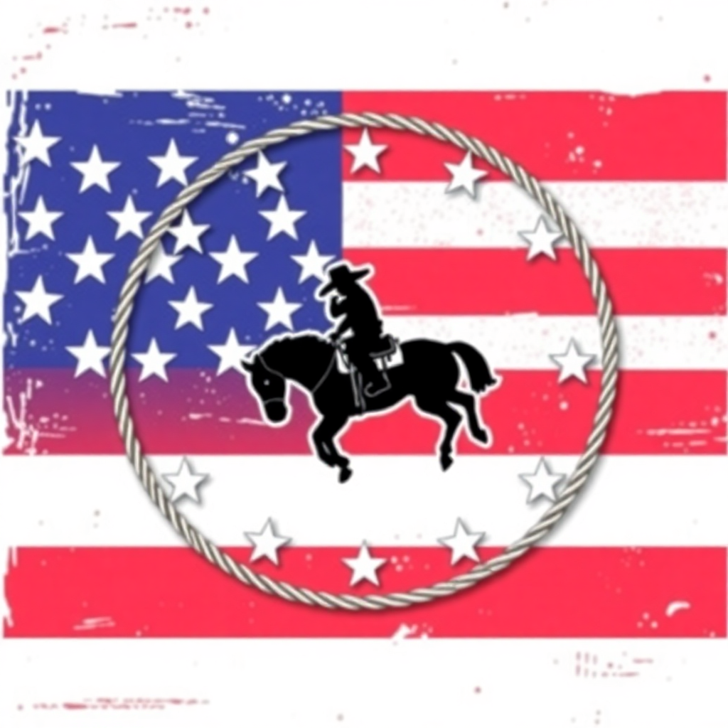 A distressed American flag background with a lasso forming a circular frame around the stars, incorporating a silhouette of a cowboy riding a bucking bronco within the circle.