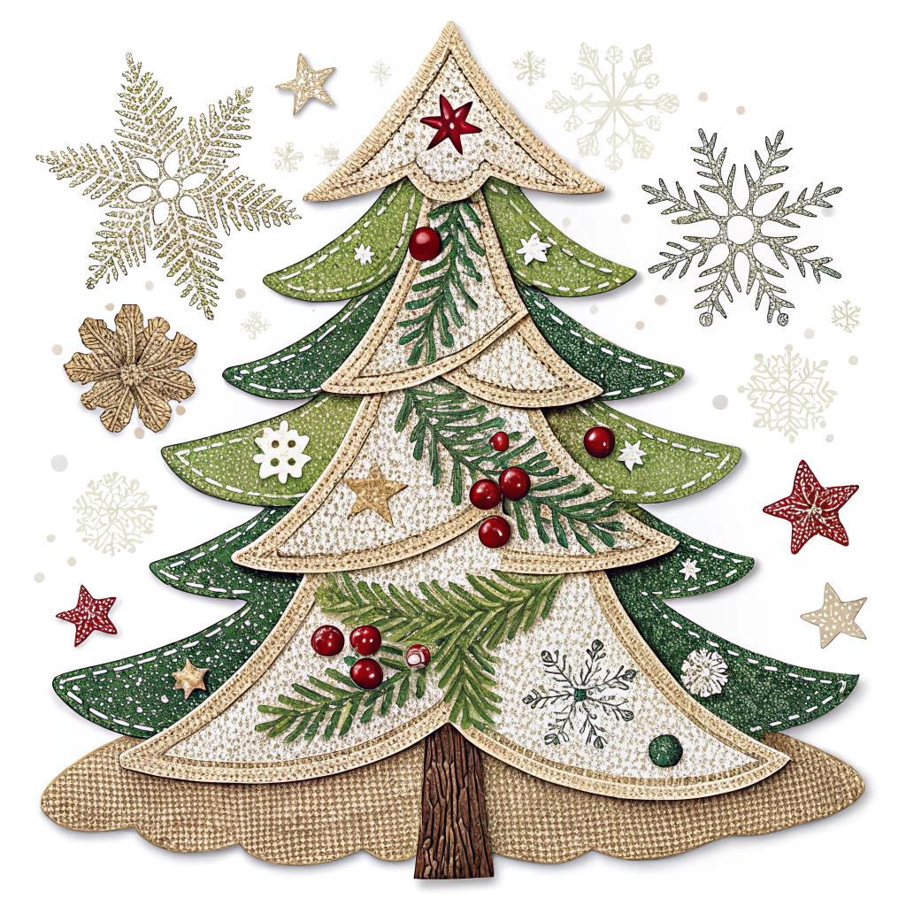 A collage-style Christmas tree sticker combining different textures like burlap and glitter paper, giving it a unique tactile dimension perfect for crafting.