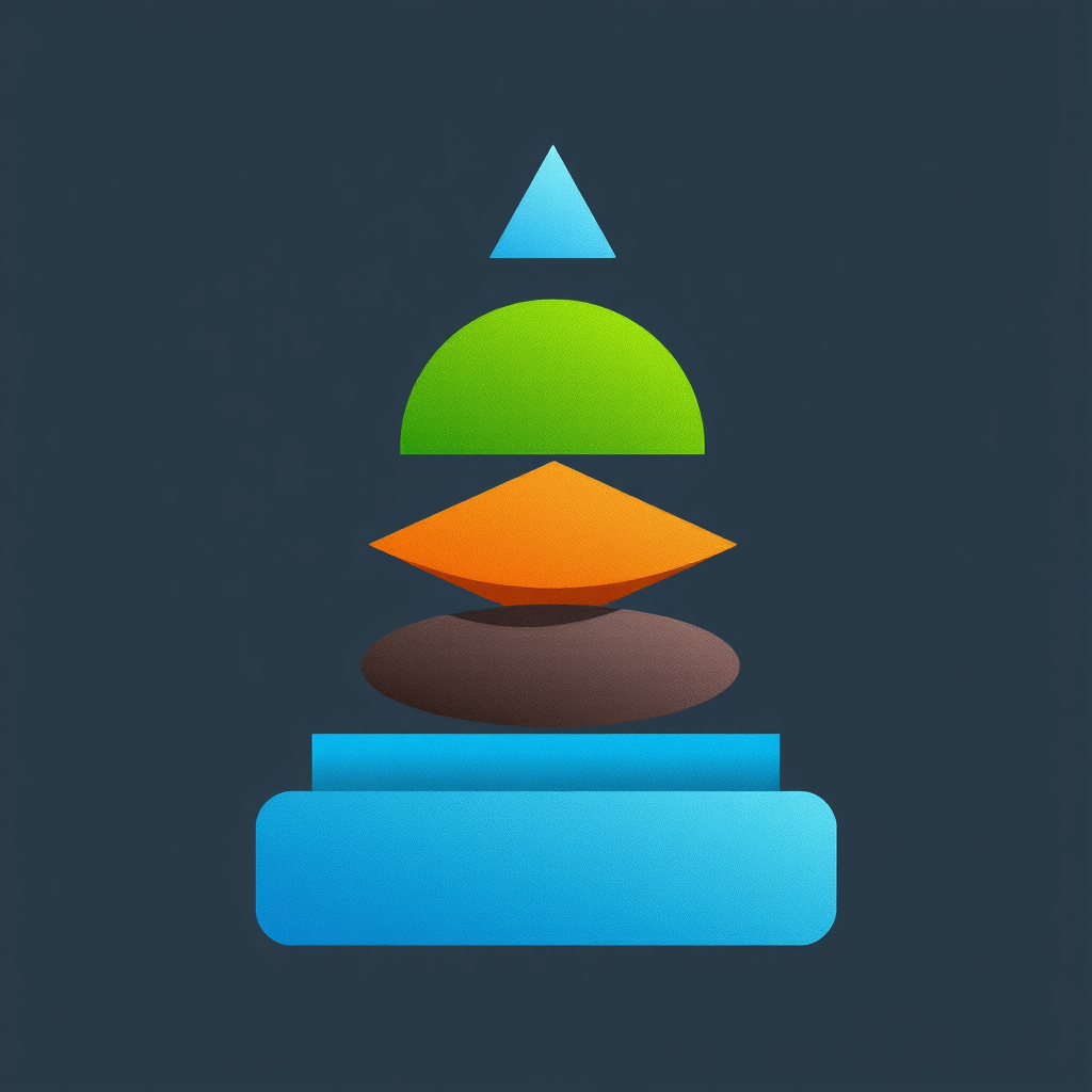 Elemental Balance Stack: A minimalist depiction using stacked geometric forms. For instance, a blue rectangle (water) at the base, a brown trapezoid (earth/land) above it, and a green semi-circle (life/biosphere) on top, perhaps crowned by a light blue triangle (air/sky). The composition must be perfectly balanced, symbolizing stability and harmony between systems.