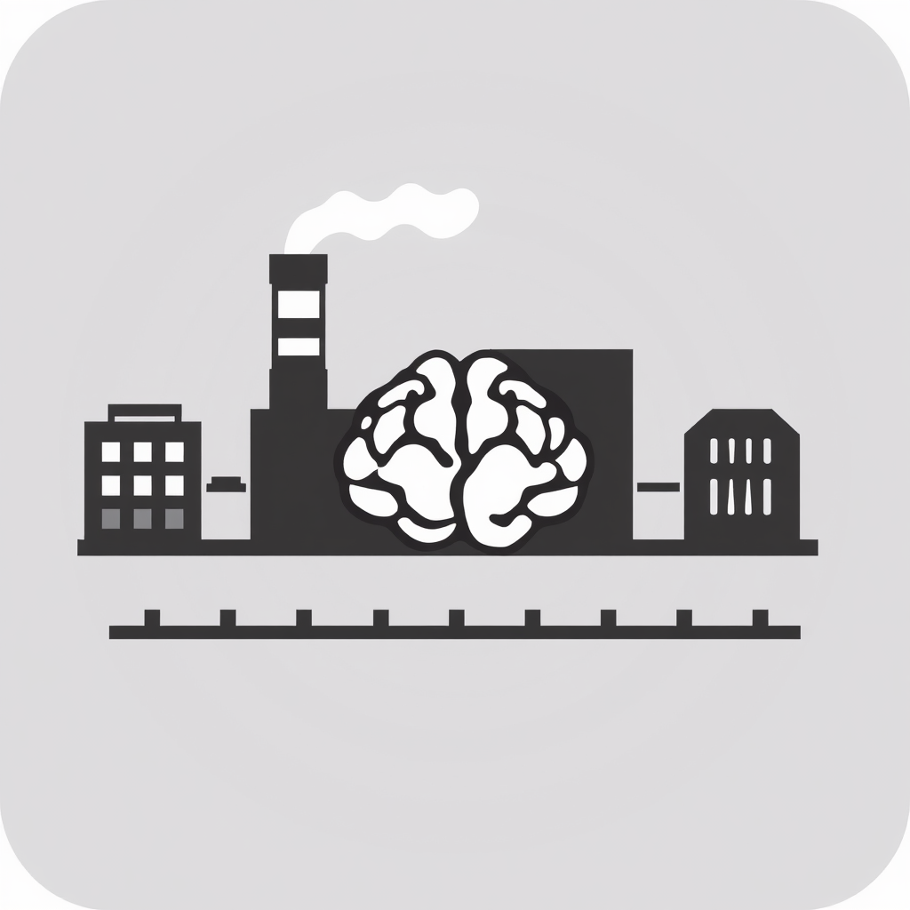 Icon combining a factory or assembly line symbol with a subtle overlay of a brain or neural network motif, indicating AI-driven automation.