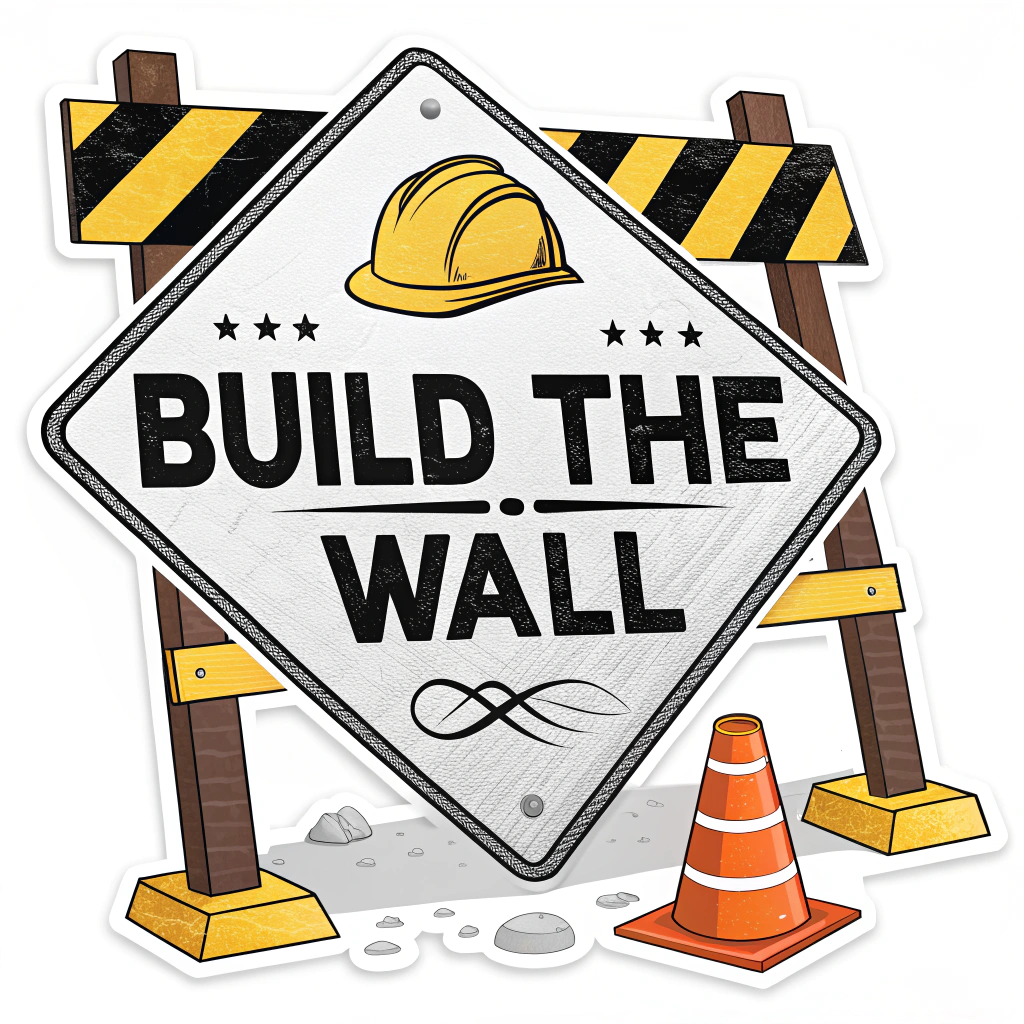 A sticker that is a mock up of a construction sign featuring a 'Build the Wall' message.