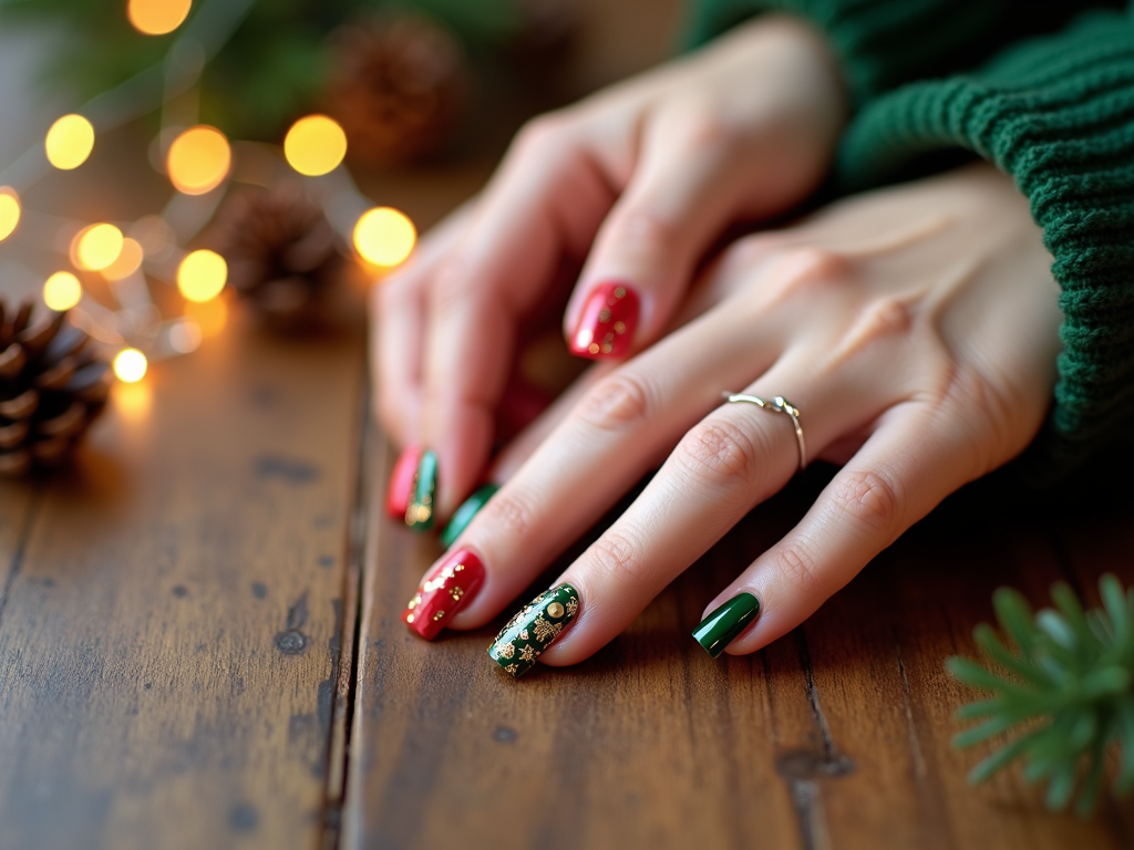  a pair of hands resting on a wooden table. The hands are covered with a green sweater and have long, pointed nails. The nails are painted with a red and green manicure with a gold design on each ring finger. The background is blurred, but it appears to be a Christmas-themed setting with pine cones and lights. The overall mood of the image is festive and cozy.