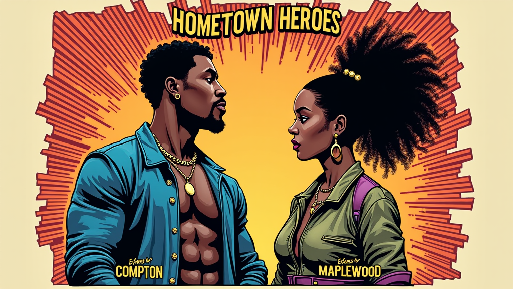 Heroic Comic Book Panel Style: Design the T-shirt like a split comic book panel. One panel depicts Kendrick Lamar in a dynamic, heroic pose with Compton-specific callouts or symbols in the background. The other panel depicts SZA similarly, with Maplewood elements. A shared title box reads 'Hometown Heroes,' and smaller captions might read 'Echoes of Compton' and 'Echoes of Maplewood'.
