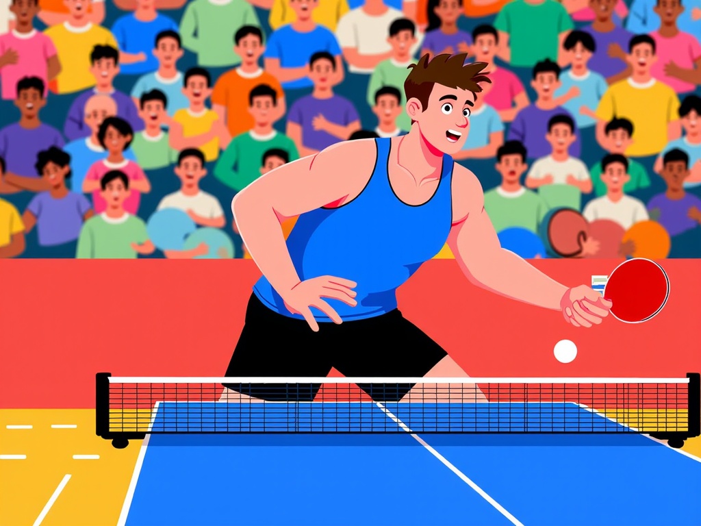  a young man playing table tennis on a blue court. He is wearing a blue tank top and black shorts and is holding a red ping pong paddle in his right hand. The man is in the middle of hitting the ball over the net, which is set up in front of him. In the background, there is a large crowd of people watching the game. The people in the crowd are of different ages and genders, and they are all wearing casual clothes. The image appears to be an illustration of a table tennis tournament.