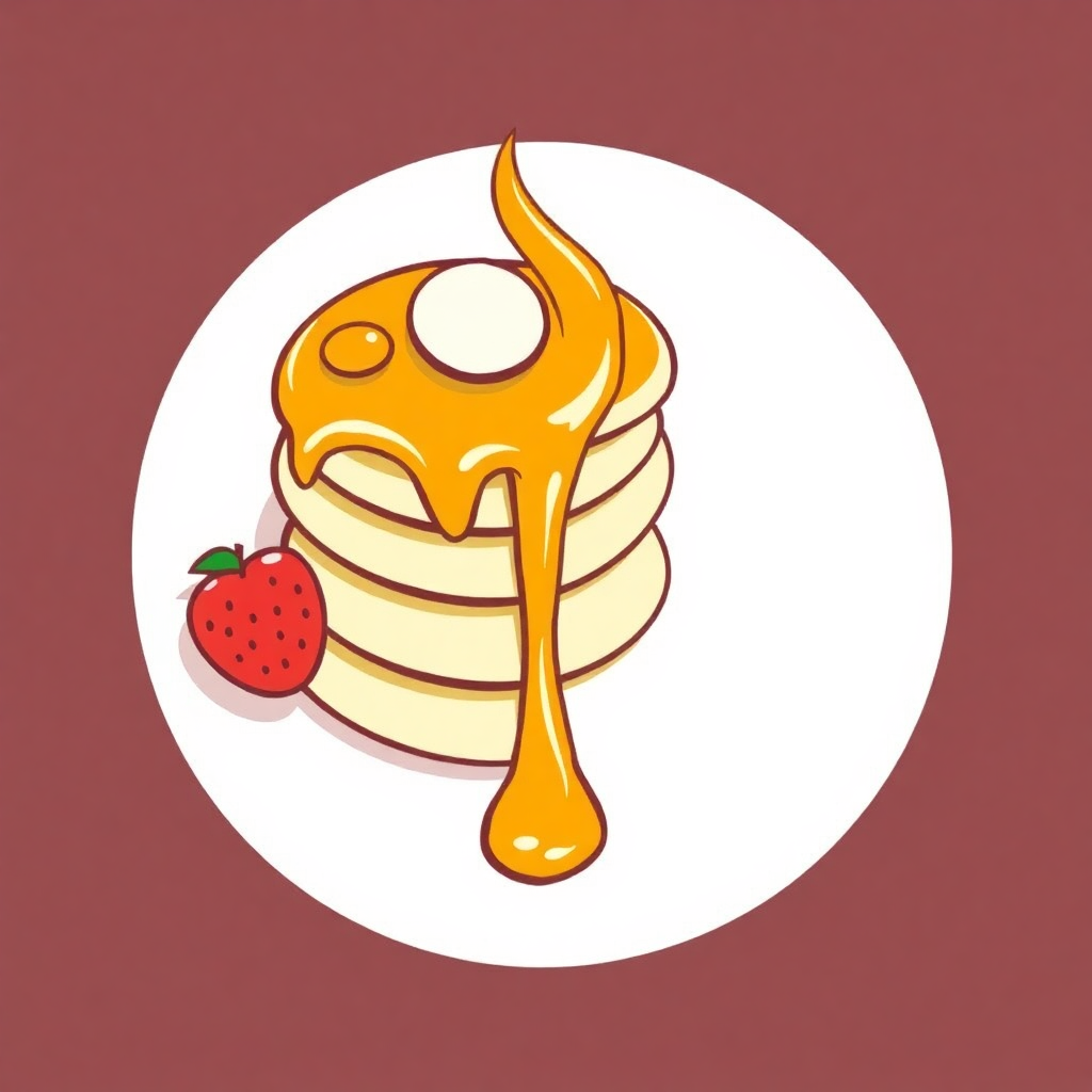 The image is a digital illustration of a stack of pancakes on a white plate. The pancakes are golden brown and appear to be freshly made. On top of the stack, there is a drizzle of honey or syrup that is dripping down the sides of the pancakes. There is also a small strawberry on the plate, adding a pop of color to the image. The background is a solid maroon color.