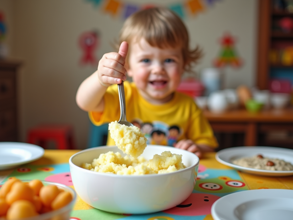 A child's hand eagerly reaching for a spoonful of mashed potatoes, highlighting simplicity and comfort, set against a colorful dining setting.