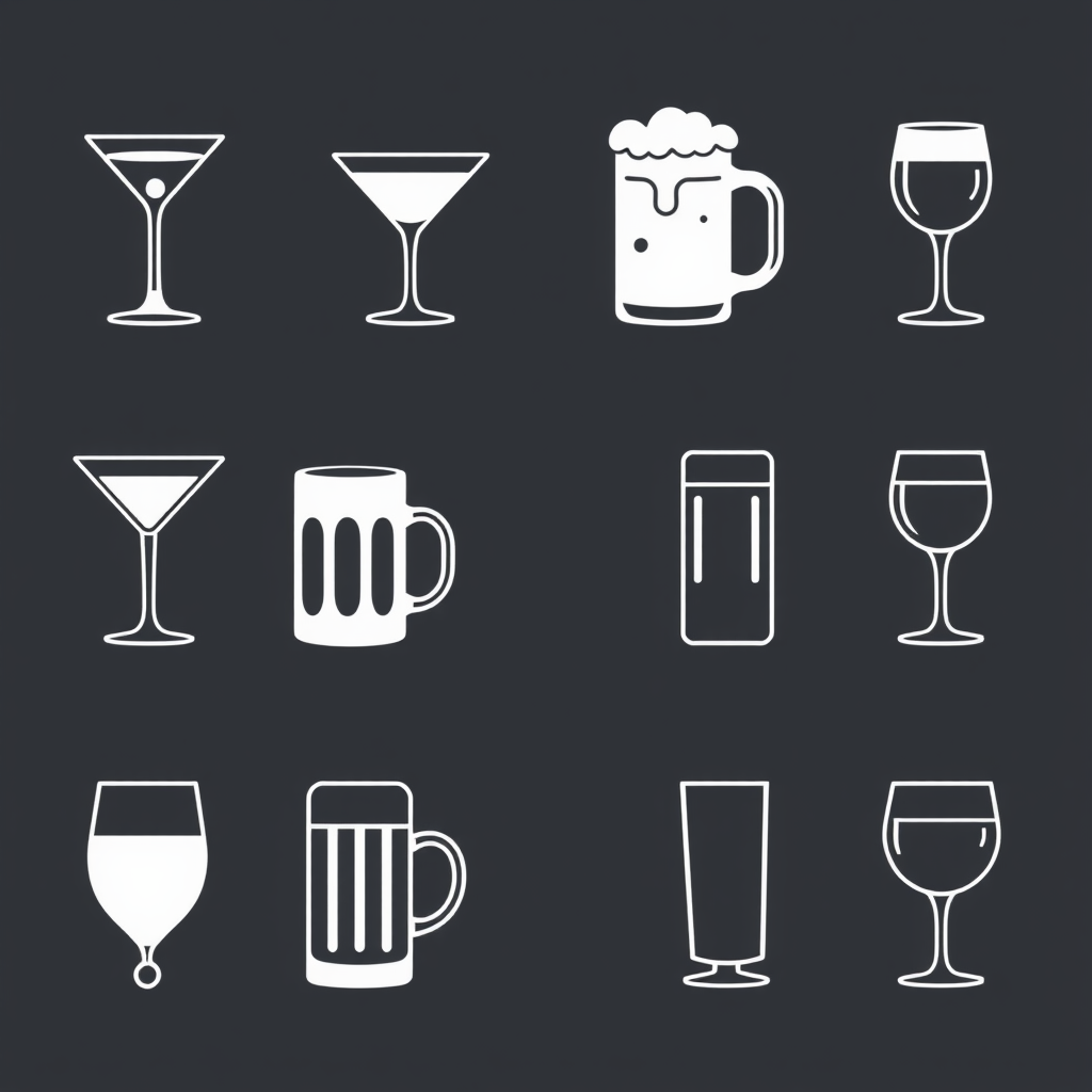 A simple idea for the icons: A cohesive set of flat, monochrome silhouette icons depicting popular drinkware (e.g., martini glass, coffee mug, beer stein, wine glass, highball glass) with clean lines for maximum legibility and versatile application.
