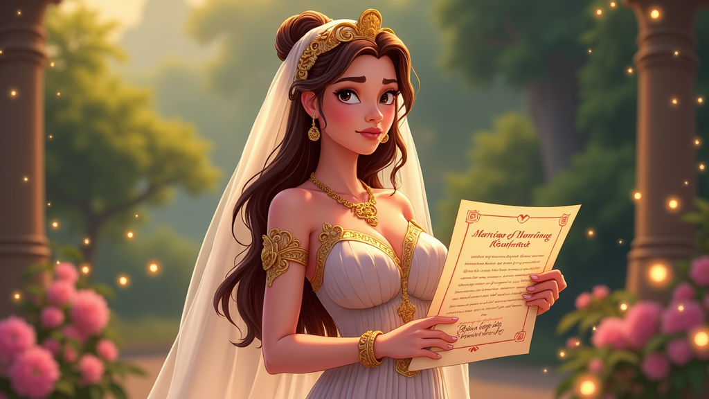 Depict Hera with a wedding veil or holding a marriage contract, symbolizing her role as the goddess of marriage. Her expression should be serious and resolute, showing her commitment to the sanctity of marriage.