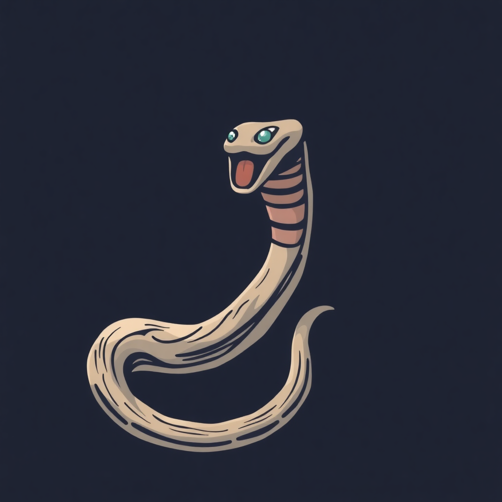 The image is a digital illustration of a snake. The snake is facing towards the right side of the image and its body is curved in a way that it appears to be coiled up. The body of the snake is light brown in color and has a striped pattern on its head and tail. Its eyes are green and its mouth is open, as if it is roaring or roaring. The background is black, making the snake stand out.