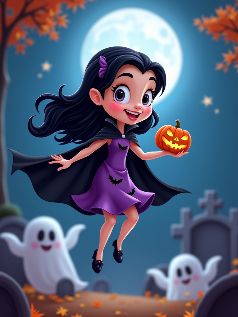 The image is a digital illustration of a young girl dressed up as a vampire for Halloween. She is wearing a purple dress with a black cape and has long black hair with a purple bow in her hair. She has a big smile on her face and is holding a small orange pumpkin in her right hand. The background is a dark blue night sky with a full moon and orange trees with orange leaves. In the foreground, there are two white ghosts and a graveyard with tombstones. The overall mood of the image is spooky and festive.