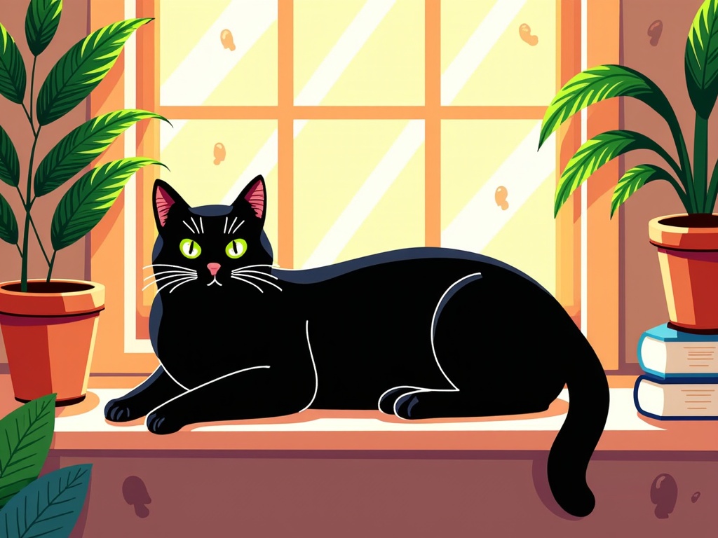 The image is an illustration of a black cat lying on a window sill. The cat is lying on its side with its head resting on its front paws and its body stretched out in front of it. It has green eyes and is looking directly at the camera. On either side of the cat, there are two potted plants with green leaves. On the right side, there is a stack of books. The background is a window with a yellow curtain. The overall color scheme of the image is warm and cozy.