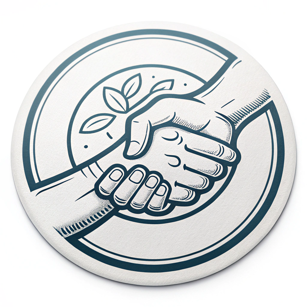 Simple Icon Idea: Two interlocked hands forming a single, compact, circular or shield-like shape. Monochromatic or two-tone for easy reproducibility as a sticker.