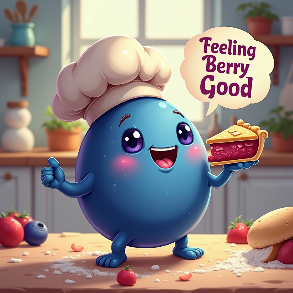 Incorporate a character: A cute, smiling blueberry character wearing a baker's hat, holding a tiny slice of pie. The text 'Feeling Berry Good' appears in a speech bubble or below the character.