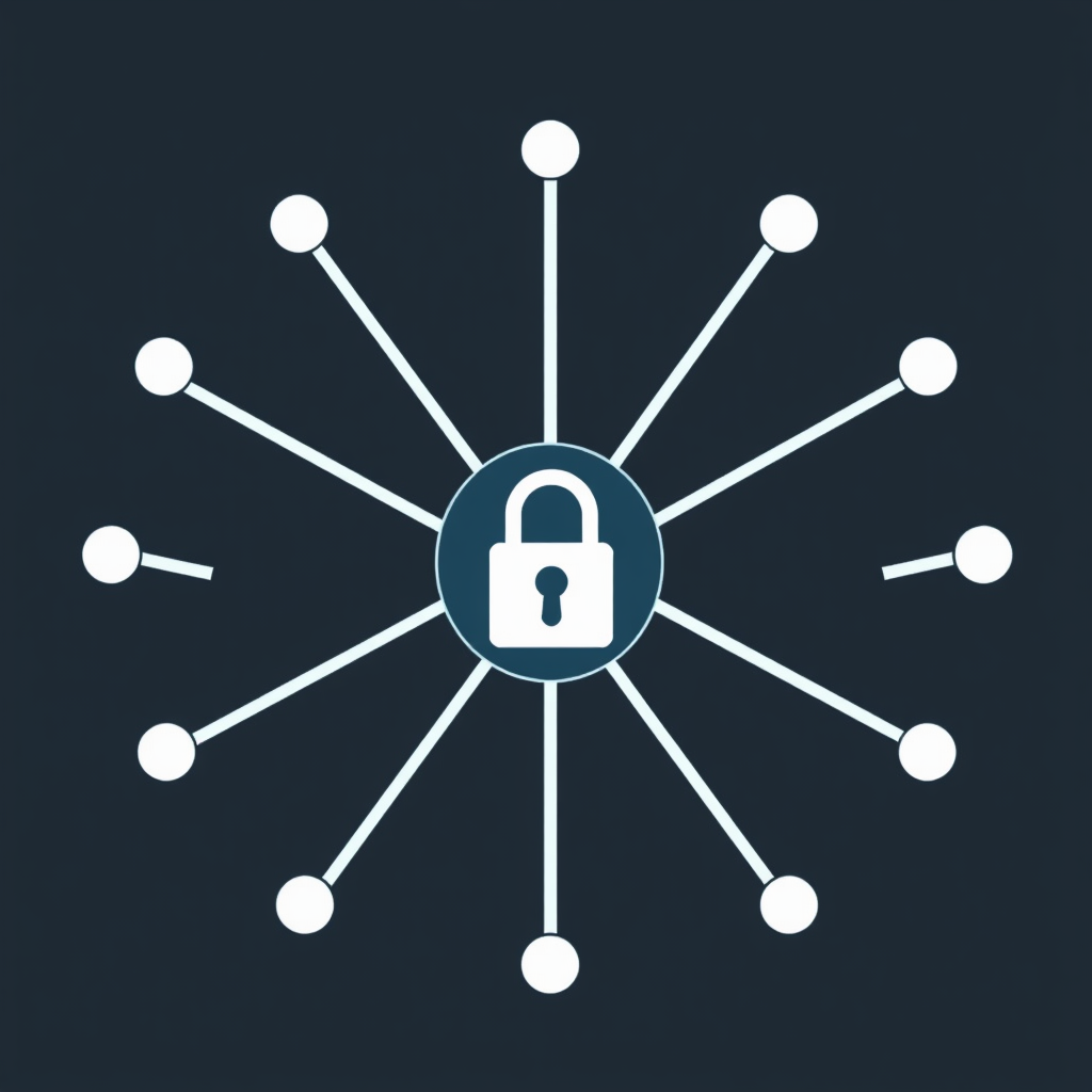 Locked Connection Point: A node with radiating connection lines, where the node itself or the junction points feature a clear lock icon, emphasizing secure data pathways and access control.