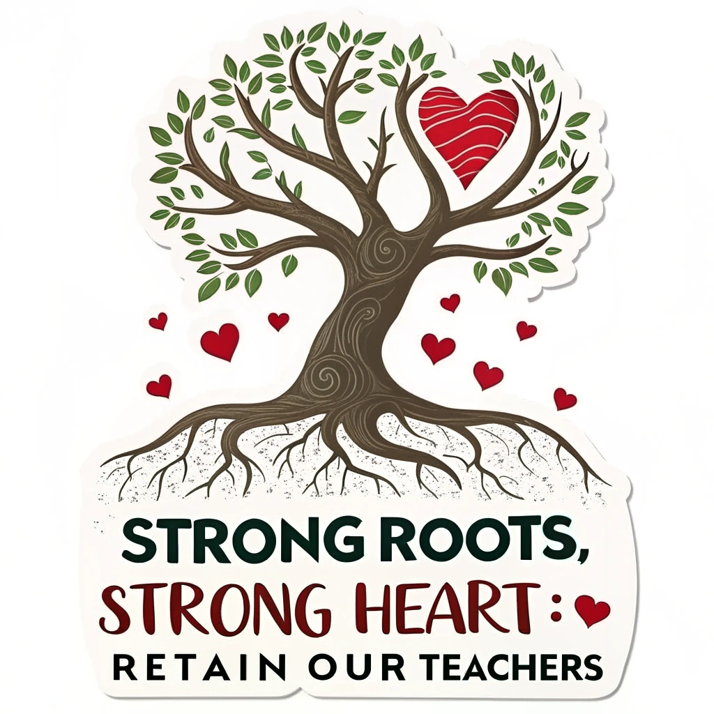 Tree of Knowledge & Heart Sticker: A stylized tree representing knowledge and growth, with its trunk and branches forming a strong heart shape. Prominent roots symbolize stability and retention. Text: 'Strong Roots, Strong Heart: Retain Our Teachers'.