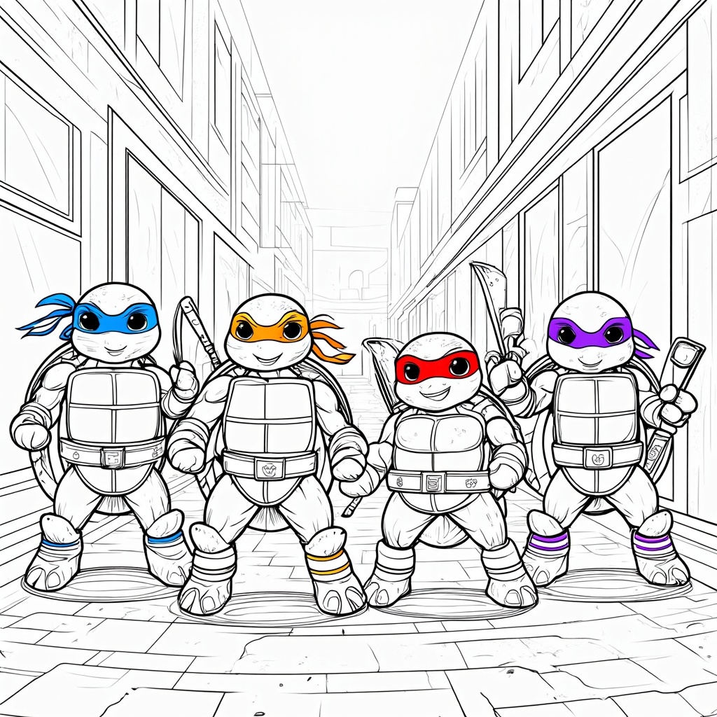 The image shows four teenage mutant ninja turtles standing in a line, each holding a weapon in their hands. The turtles are wearing their signature masks and brightly colored bandanas, and the background is filled with buildings. The image is a free printable coloring page, perfect for kids to enjoy.