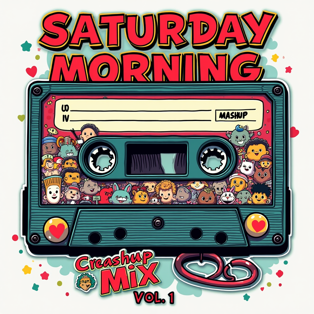Saturday Morning Mixtape: A design resembling a vintage cassette tape or CD cover titled something like 'Saturday Morning Mashup Mix Vol. 1'. The 'tracklist' would feature iconic 90s cartoon show titles, and the artwork would be a dense, sticker-bomb style collage of various characters.